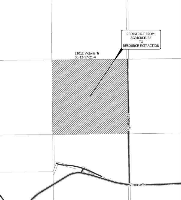 Map showing the parcel that an applicant proposes to redistrict to create a resource extraction operation as per Bylaw 1637/23.