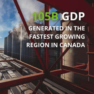 Side view of large storage towers as seen through a metal support structure in redoverlayed text reading "105B GDP generated in the fastest growing region in canada"