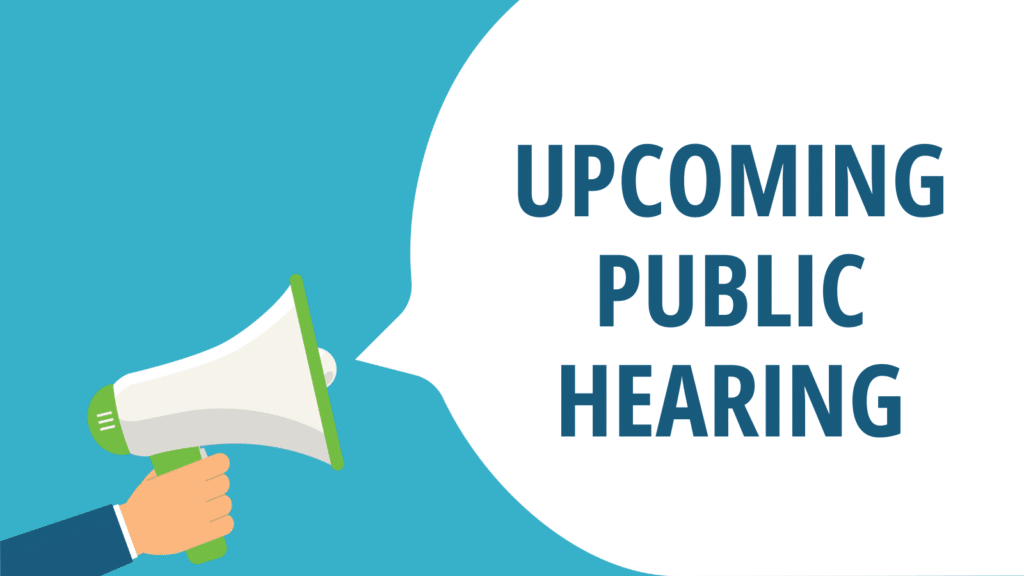 Graphic with text reading: Upcoming public hearing