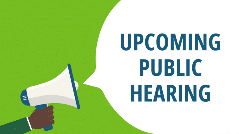 Graphic with text reading: Upcoming public hearing