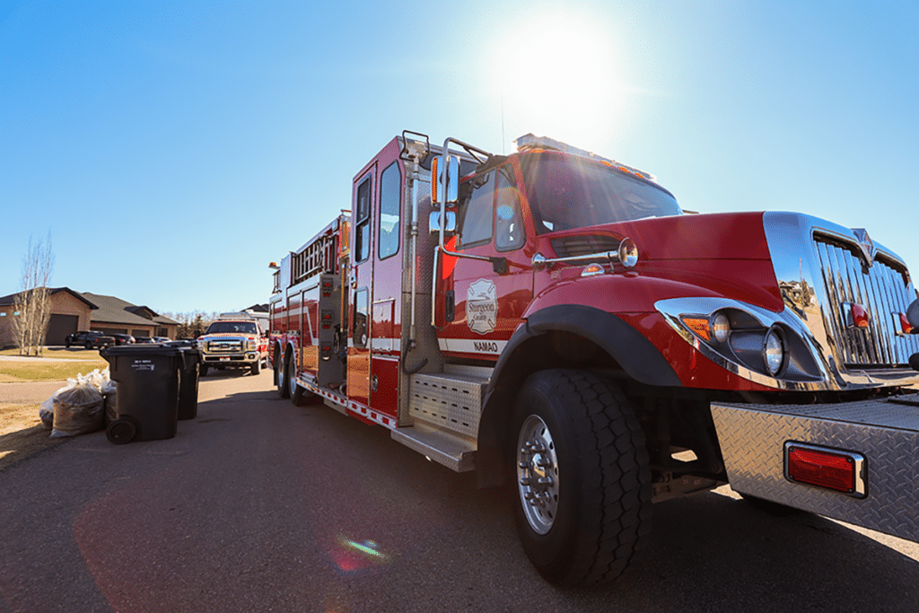 Sturgeon County Protective Services fire truck in subdivision.