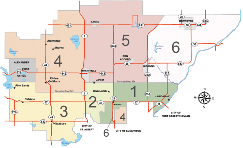 Map showing Sturgeon County divided into its electoral divisions
