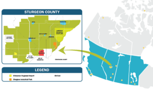 Map showing Sturgeon County's proximity to military and air force bases in Canada.