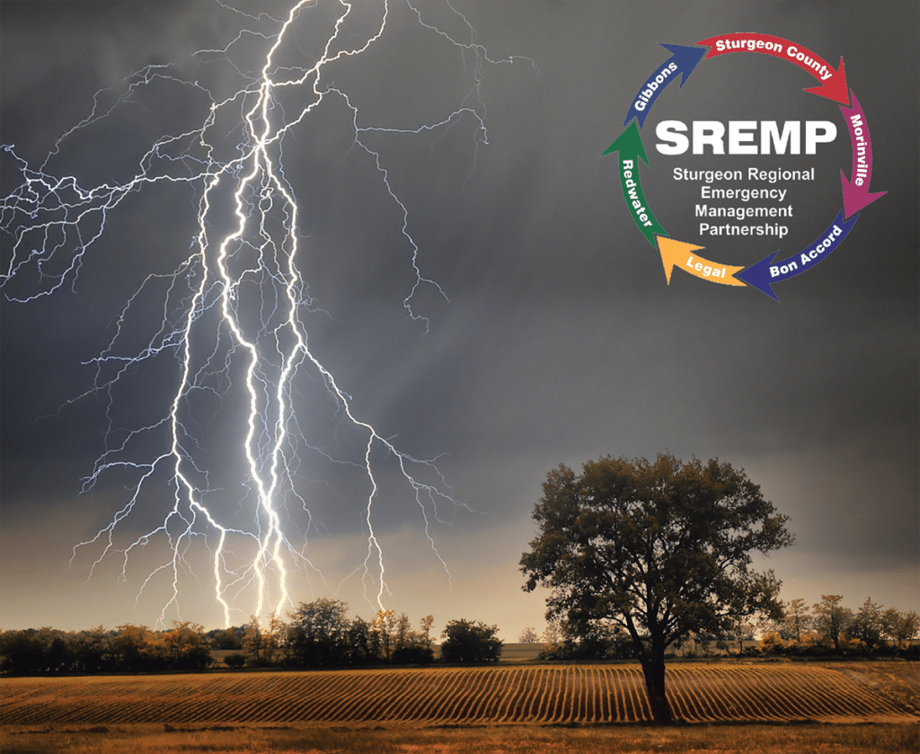 Rural scene with lightening and the Sturgeon Regional Emergency Management Partnership logo