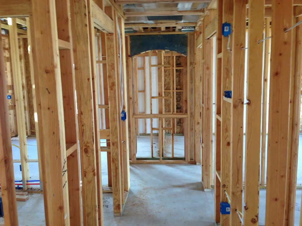 Interior framing of a home under construction.