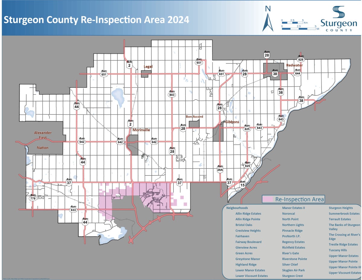 GIS map showing the outline boundary of Sturgeon County, major roads are marked in red. In the center bottom an area is highlighted in pink indicating the re-inpection area.