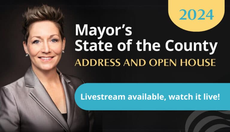 Graphic advertising the availability of a youtube livestream to watch the 2024 Sturgeon County Mayor's State of the County Address