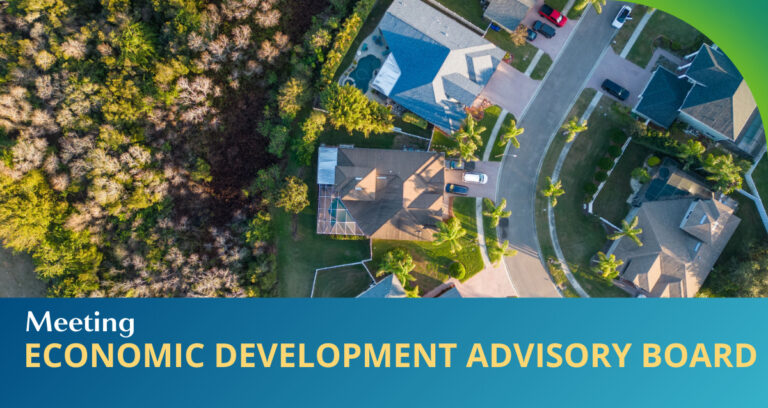 Aerial view of suburban homes with a heavily treed area behind them. Text reads " Economic Development Advisory Board" along the bottom
